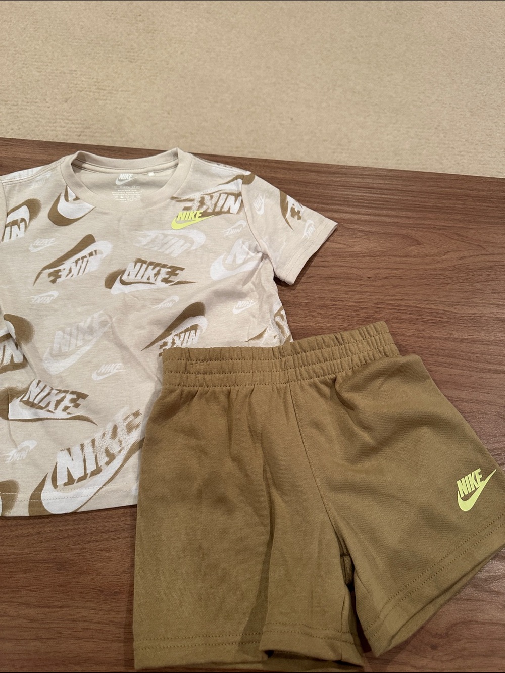Nike Cream Logo Tee and Olive-Tan Shorts Set with Neon Yellow Swoosh